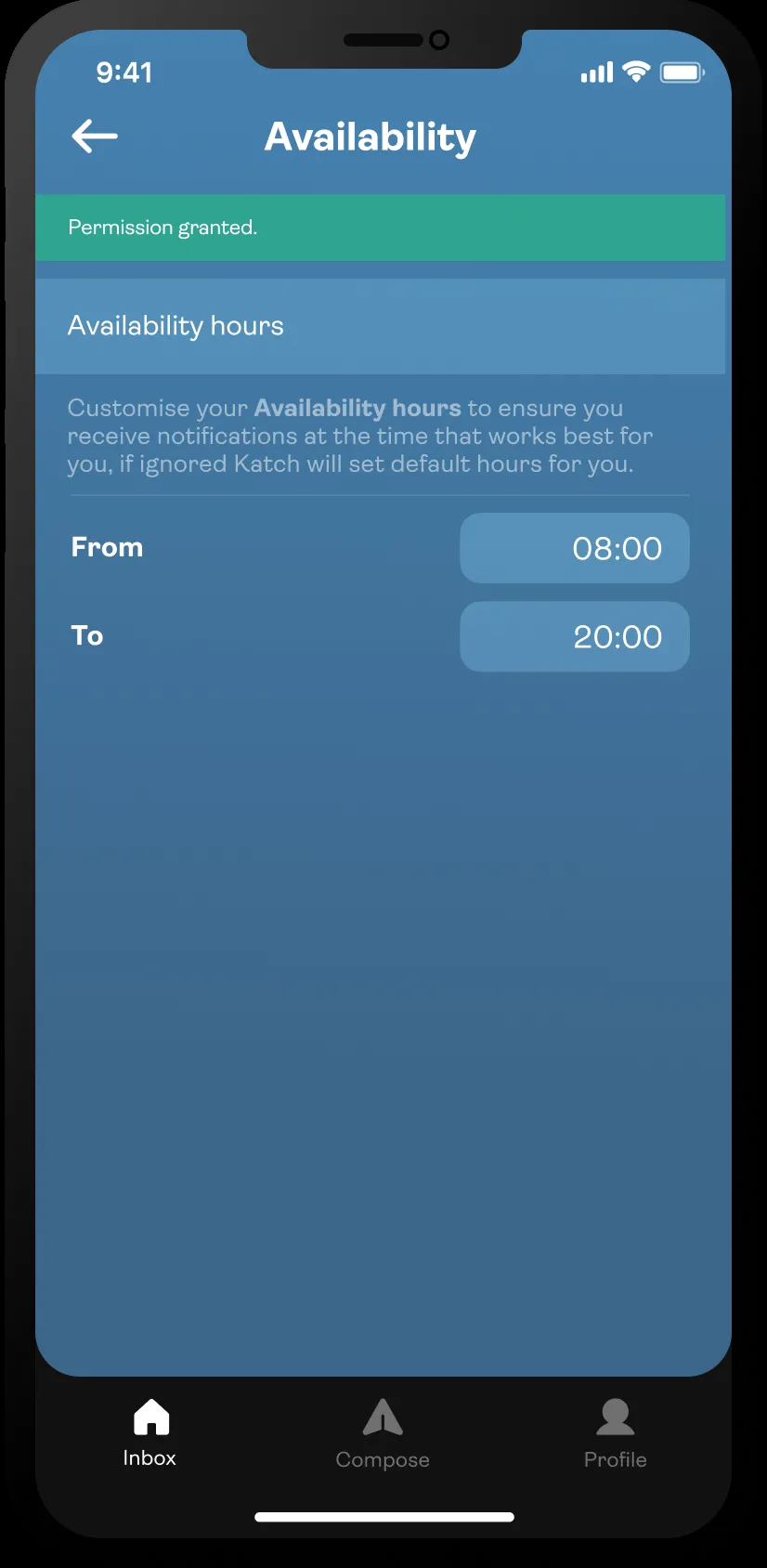 Katch iOS screen for setting availability hours