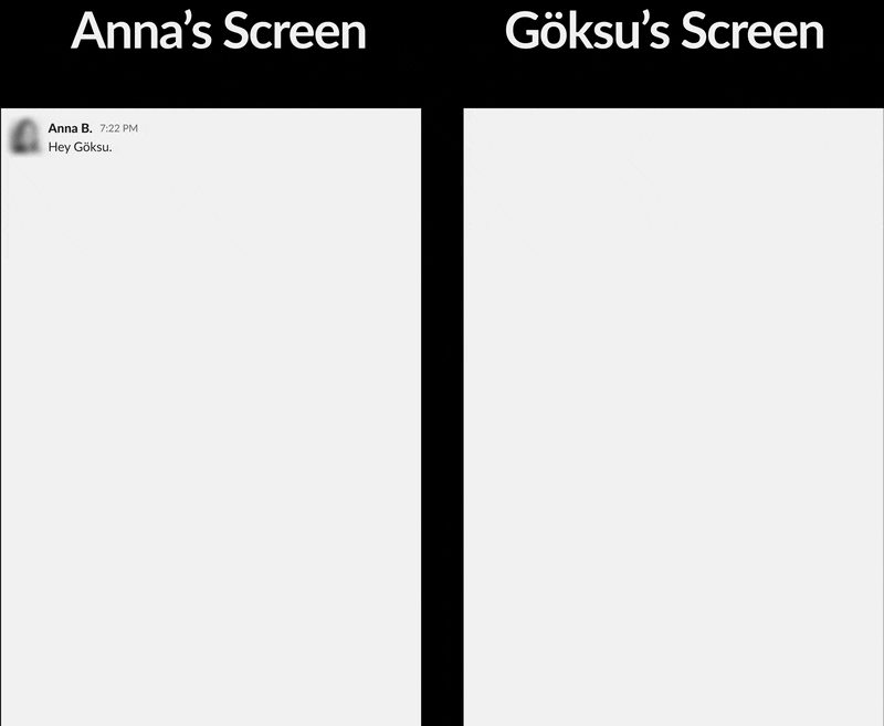 Animated early Katch Slack prototype showing both participants' screens
