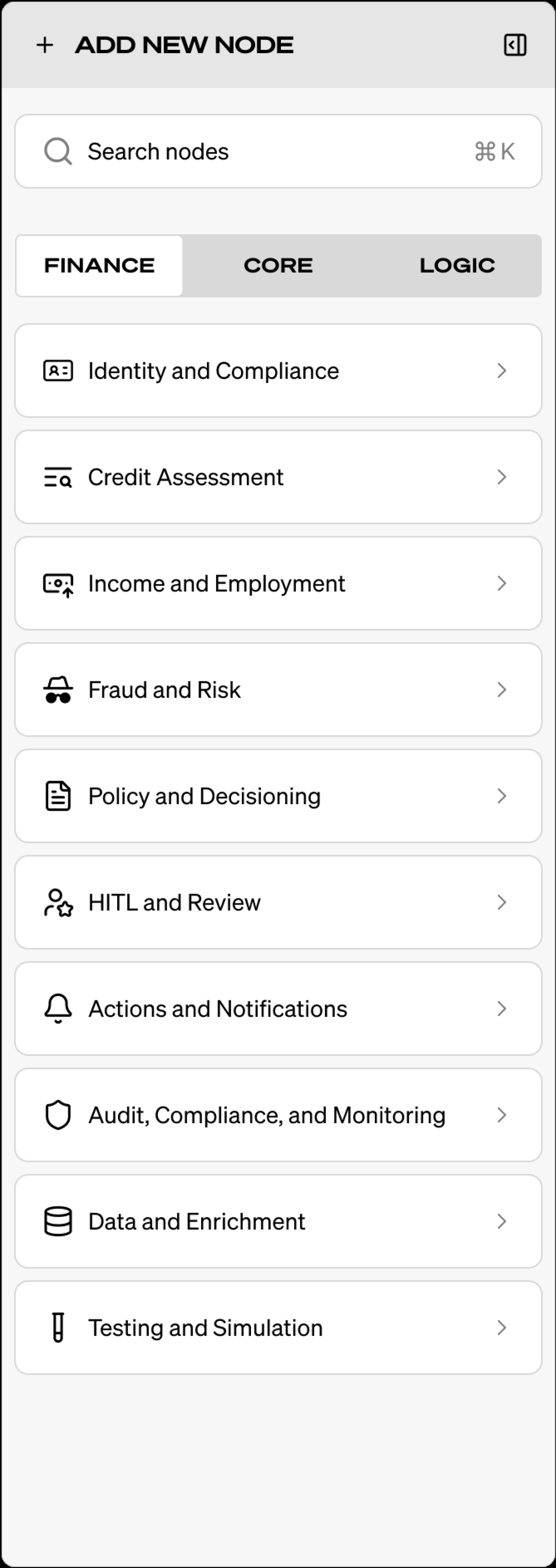 List of Rekord finance node categories including identity, credit, risk, review, and notifications