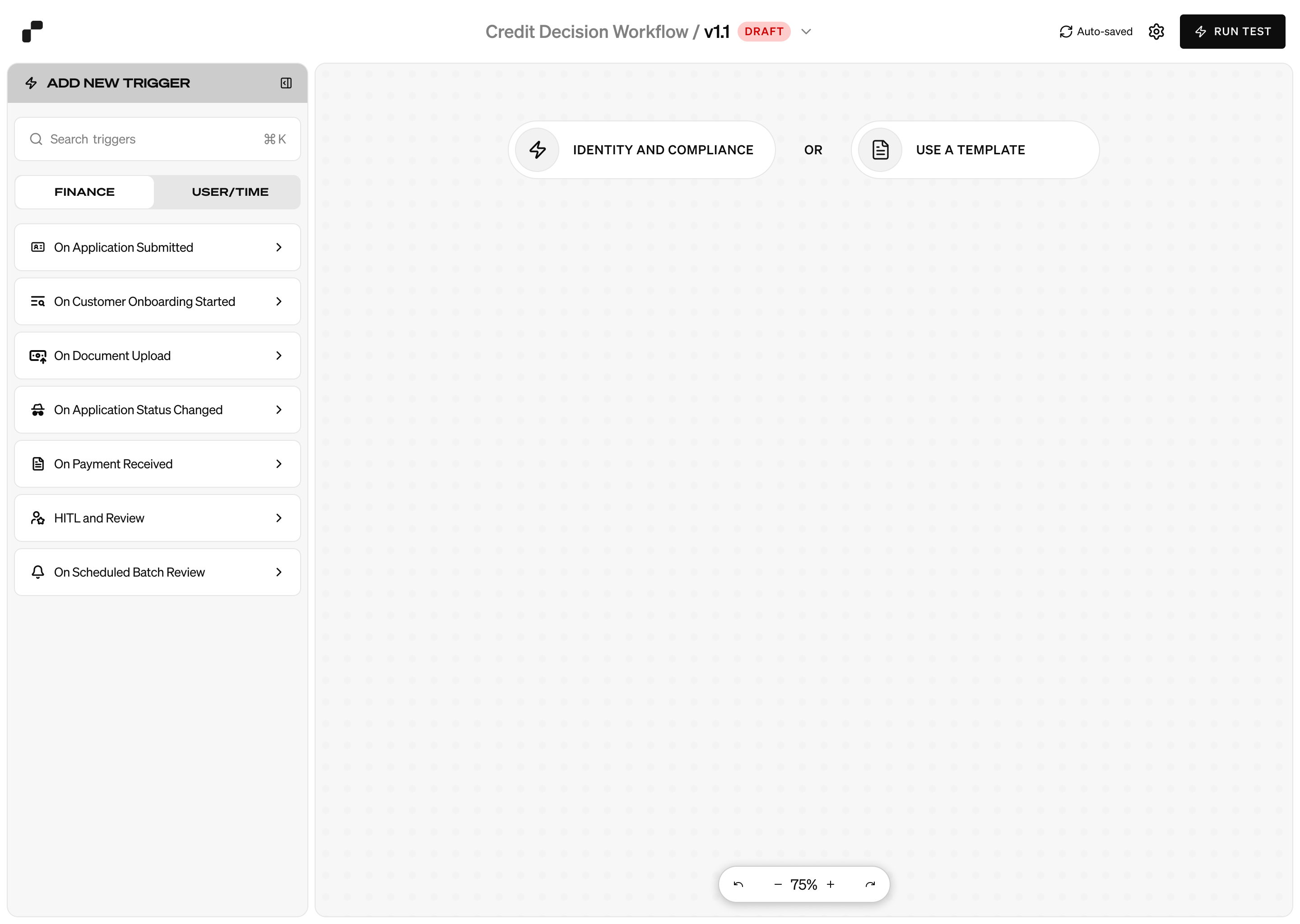 Rekord finance trigger selector next to the workflow canvas