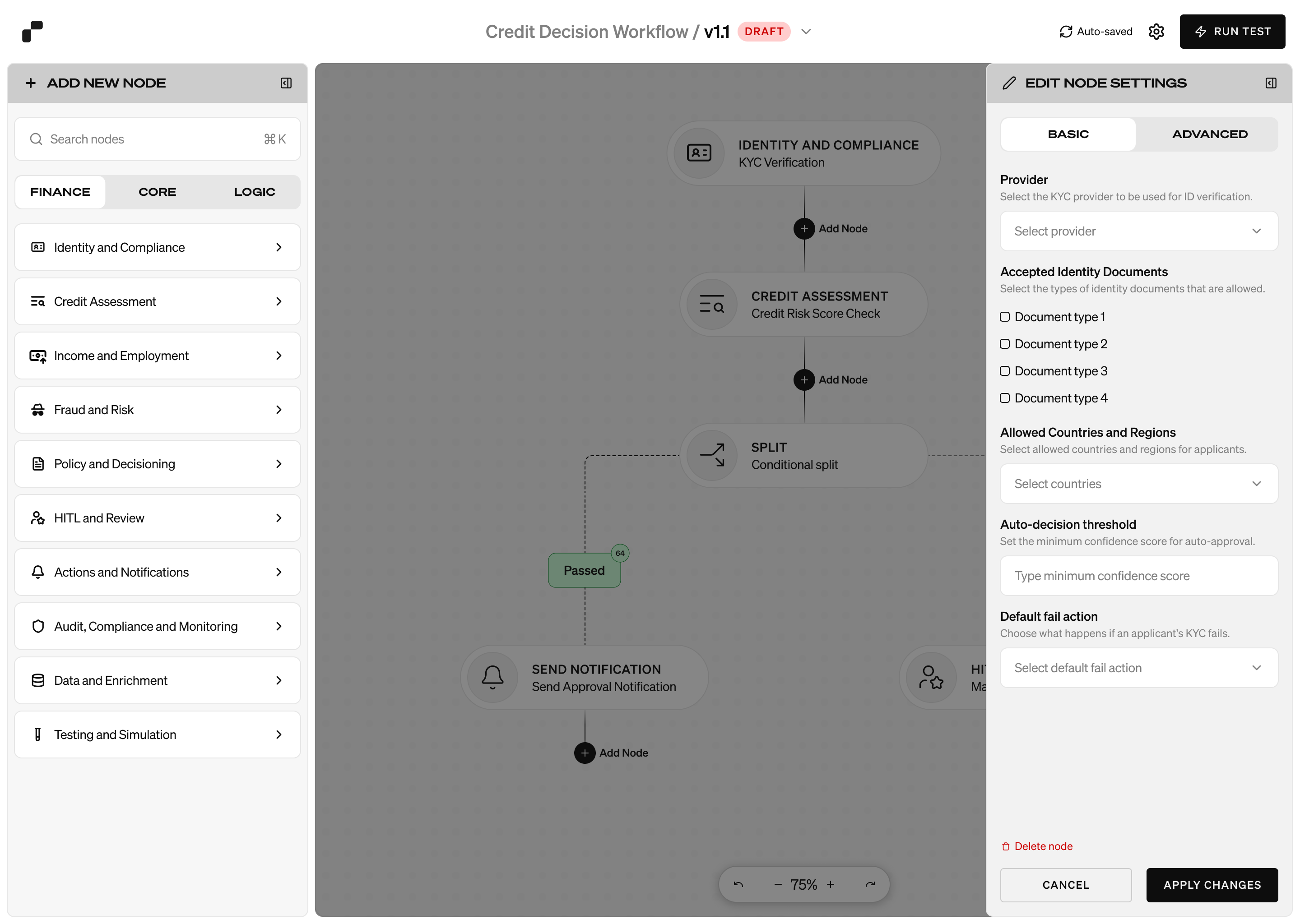 Rekord node settings panel over a credit decision workflow