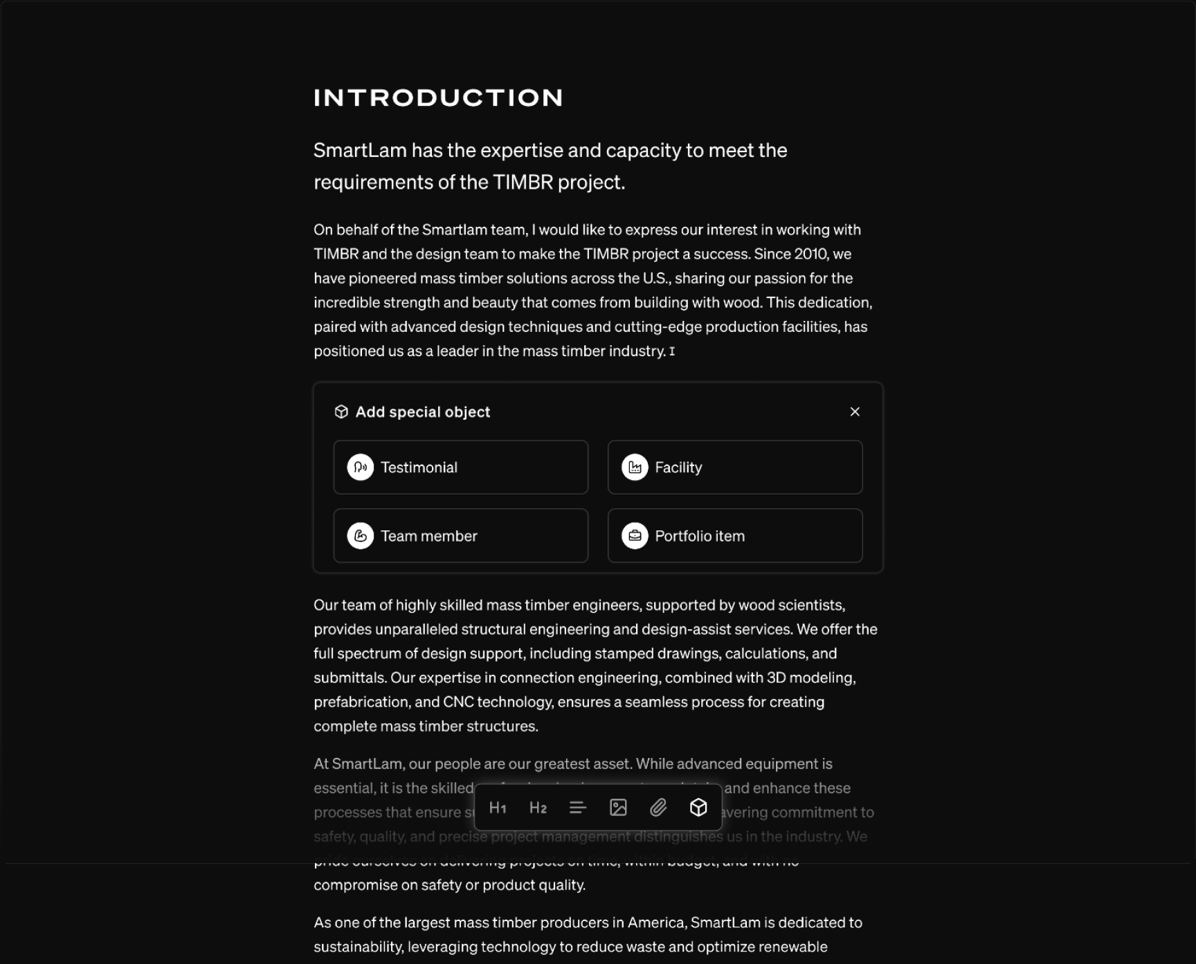Proposal editor with options to insert a testimonial, facility, team member, or portfolio item