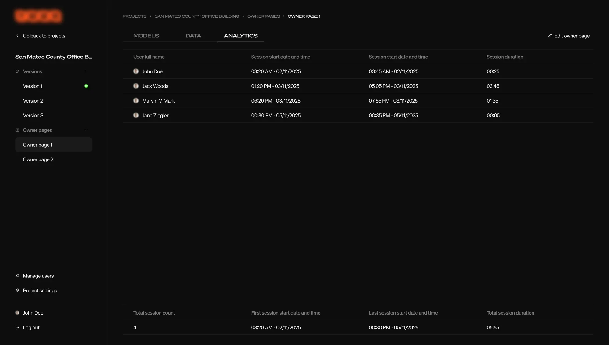 tmbr project workspace showing owner page analytics and session activity