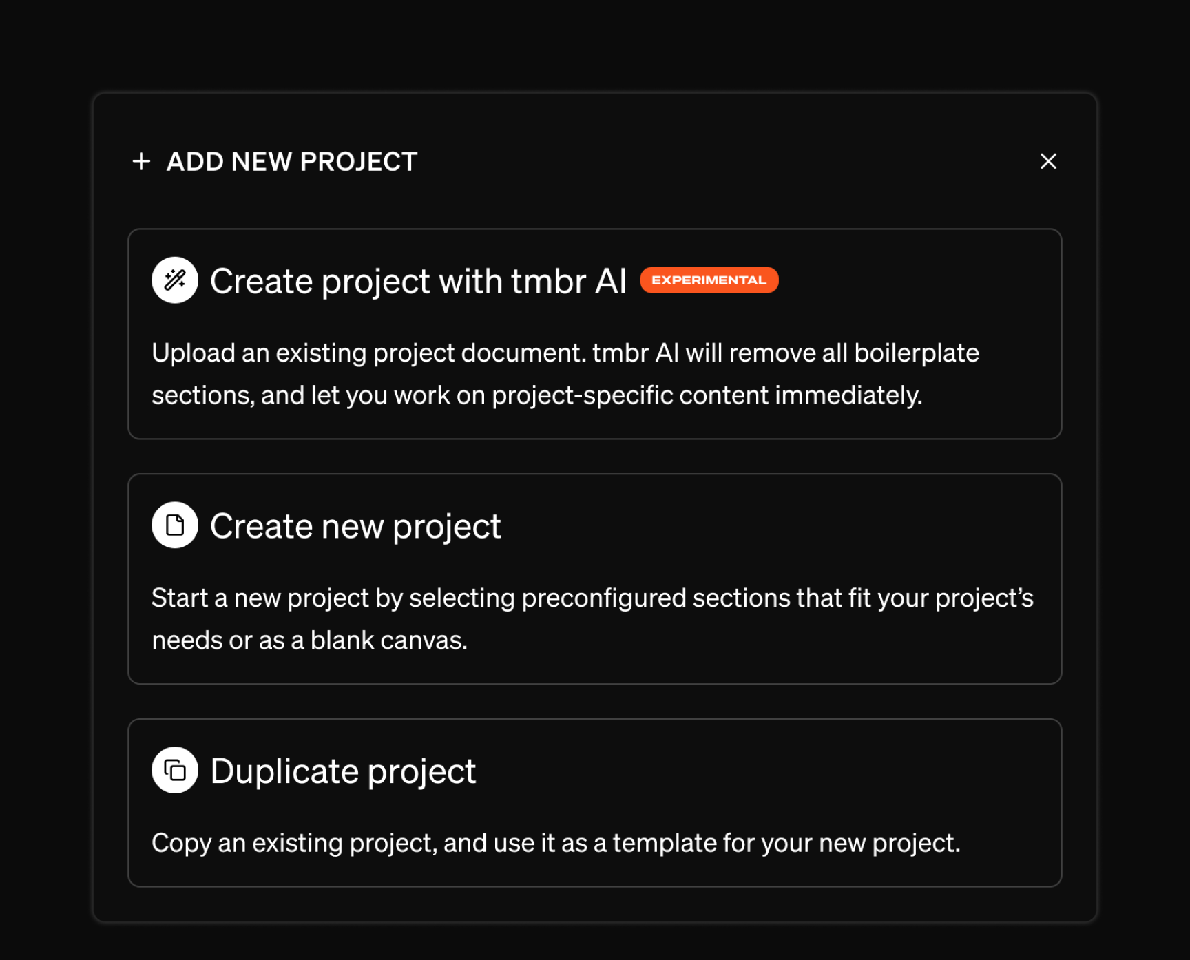 Create project dialog showing AI import, new project, and duplicate project options